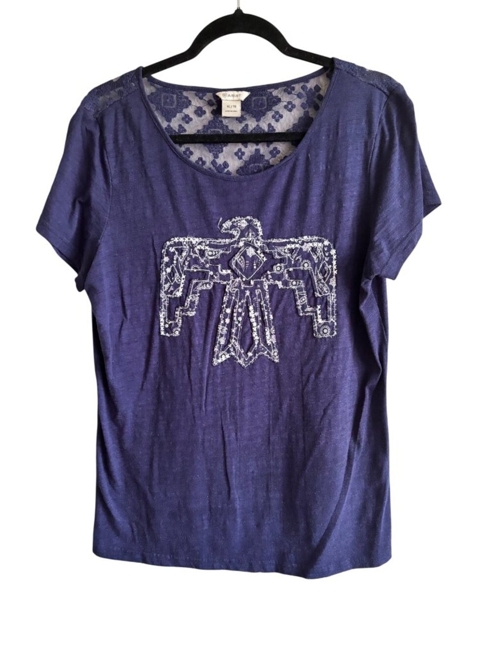 Ariat Womens Navy Blue Embroidered Tee With Lace Back Detail XL Short Sleeves